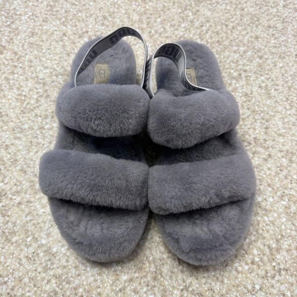 UGG Fuzzy Oh Yeah Fluff Gray Slippers Slides Logo 10 - Picture 4 of 8